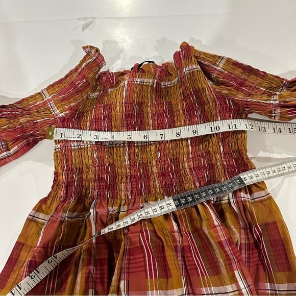 Zara Orange & Red Plaid Off the Shoulder Smoked Dress Size XS - Picture 10 of 11